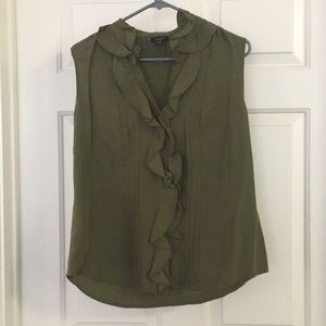 Army green ruffle button down blouse